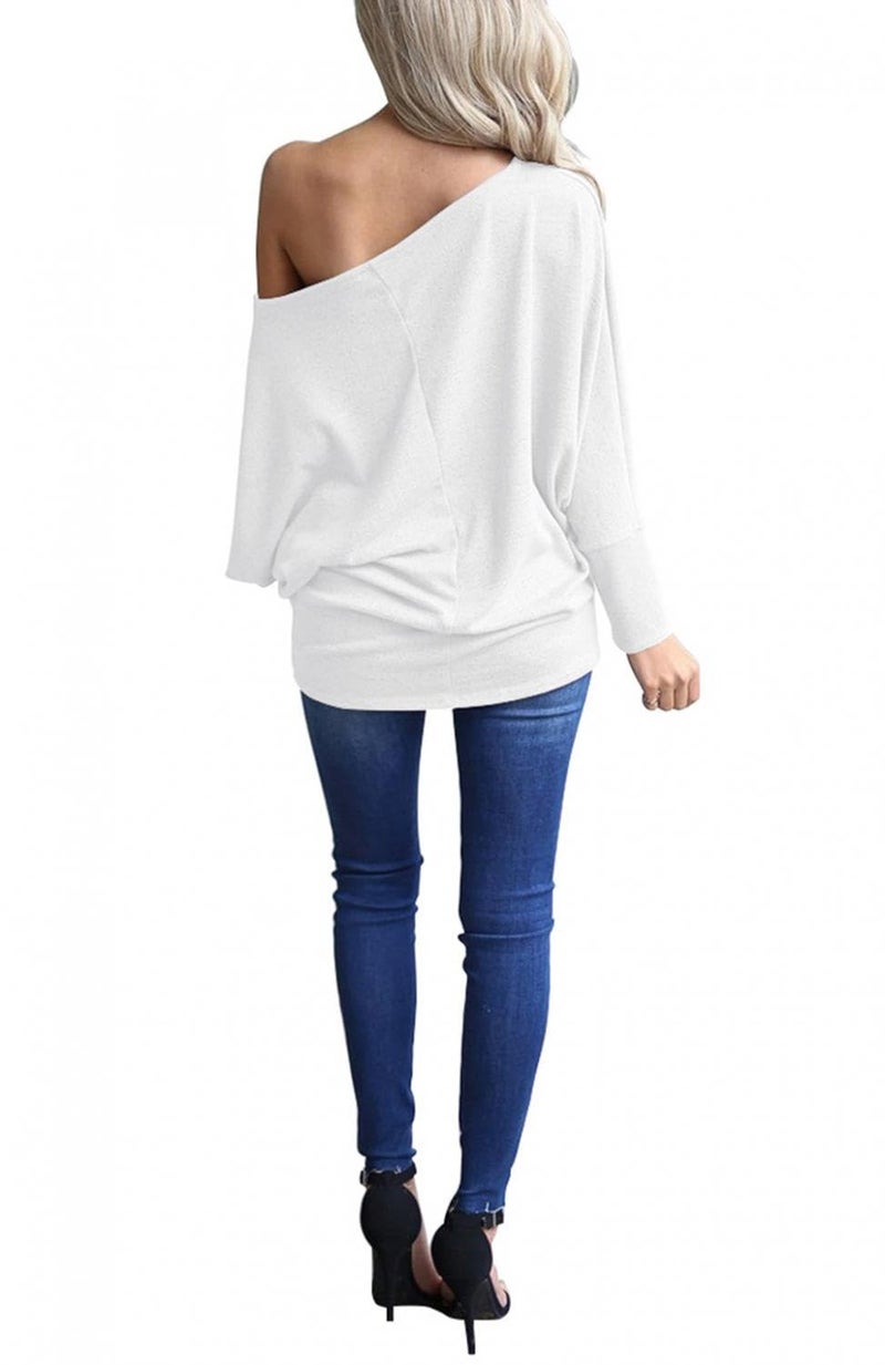 Lacozy Women's Off Shoulder Pullover Sweater Batwing Long Sleeve Tunic Tops Shirts Oversized Sweatshirts White L - Image 4